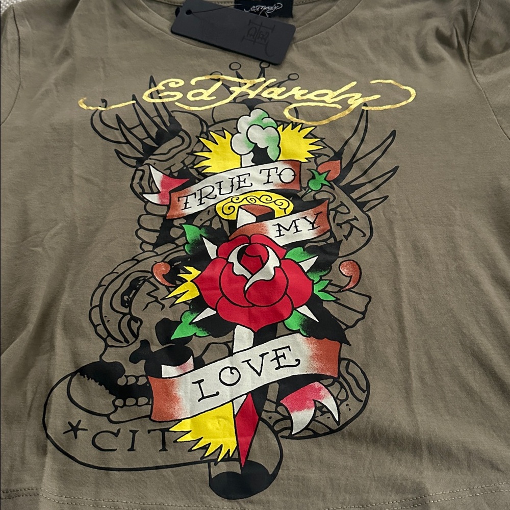 Ed Hardy Olive and Beige Tattoo Long Sleeve Tee - Picture 3 of 5